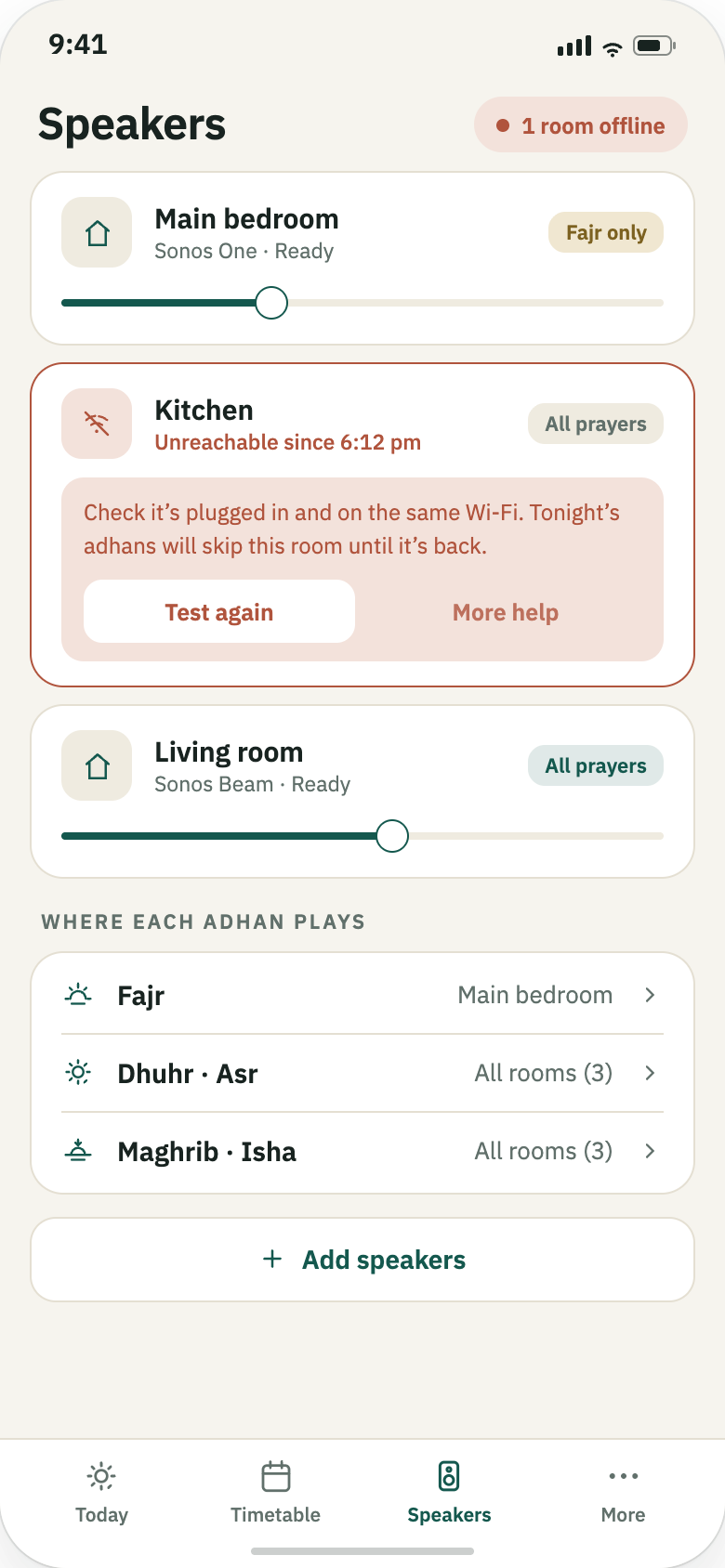 Midhana Speakers screen: rooms with per-prayer adhan settings